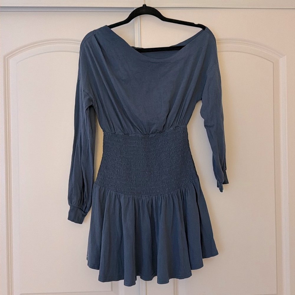 Free People Blue Off Shoulder Smocked Waist High Low Mini Dress